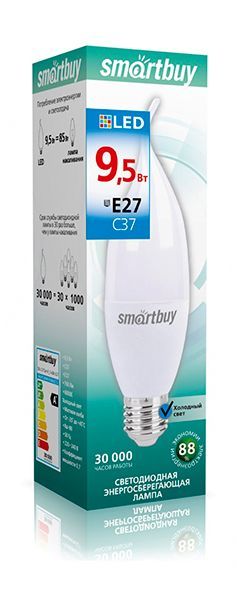 Лампа с/д Smartbuy-C37-9,5W/6000/E27 свеча