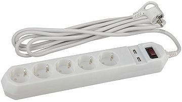 Сетевой фильтр ЭРА USF-5es-1,5m-USB-W (белый) с заземл, 3х0,75мм2, с выкл, 5гн+2xUSB, 1,5м
