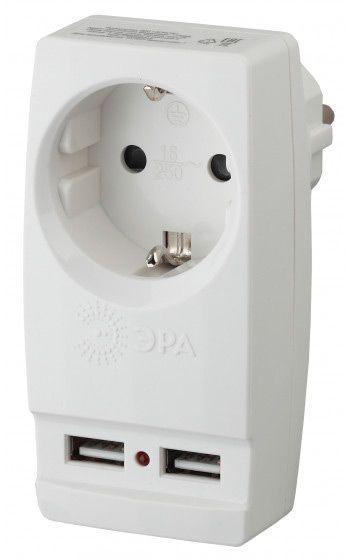 Тройник ЭРА SP-1e-USB-W Адаптер "Polynom" 1гн 220V + 2xUSB 2100mA, c/з, белый