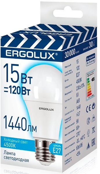 Лампа с/д Ergolux LED-A60-15W-E27-4K 