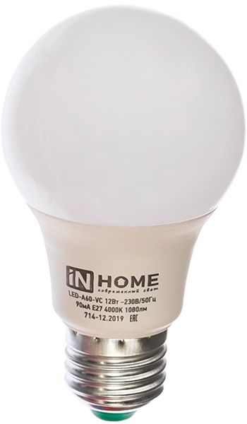 Лампа с/д IN HOME LED-A60-VC 12Вт 230В E27 4000К 1080Лм 