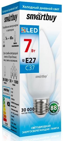Лампа с/д Smartbuy-C37-07W/6000/E27 свеча