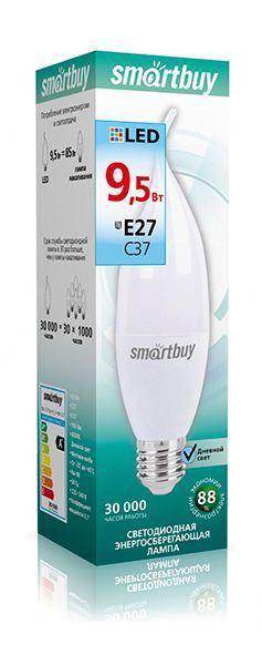 Лампа с/д Smartbuy-C37-9,5W/4000/E27 свеча