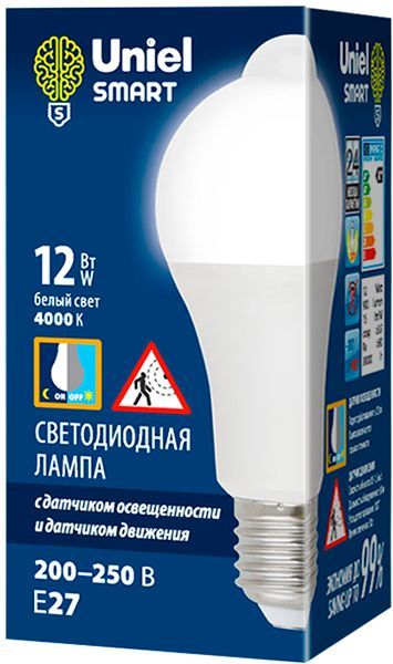Лампа UNIEL LED-A60 12W/4000K/E27/PS+MS PLS10WH с датчиком освещенности и датчиком движения