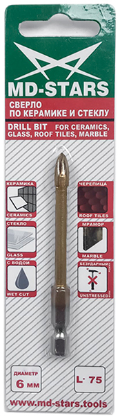 Сверло 6*75 (керамика,стекло,мрамор,черепица) "MD-STARS" МSС/6*75