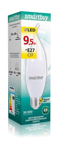 Лампа с/д Smartbuy-C37-9,5W/3000/E27 свеча