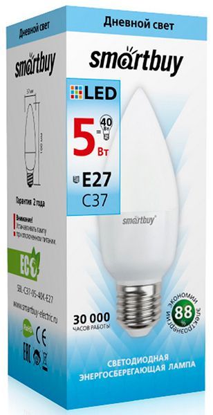 Лампа с/д Smartbuy-C37-05W/4000/E27 свеча