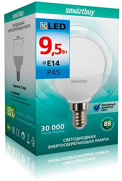 Лампа с/д Smartbuy-P45-9,5W/6000/E14 шар