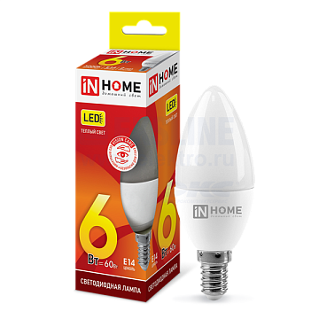 Лампа с/д IN HOME LED-СВЕЧА-VC 6Вт 230В E14 4000К 480Лм