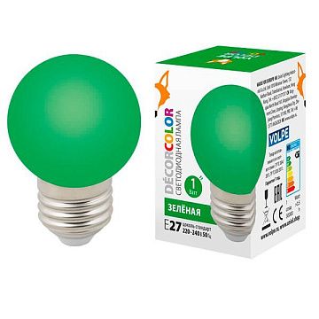 Лампа с/д Volpe LED-G45-1W/GREEN/E27/FR/С  шар зеленый. 