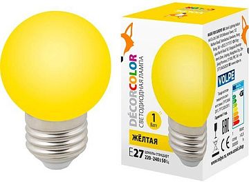 Лампа с/д Volpe LED-G45-1W/YELLOW/E27/FR/С шар желтый