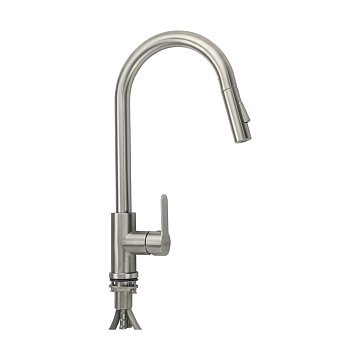 Смеситель MAGNUS для кухни шаровый, С - образный излив вытяжной, НЕРЖАВЕЮЩАЯ СТАЛЬ (9127)