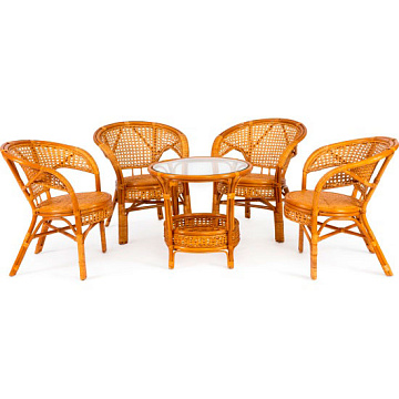 Комплект PELANGI из ротанга 4 кресла+стол журнальный со стеклом мед