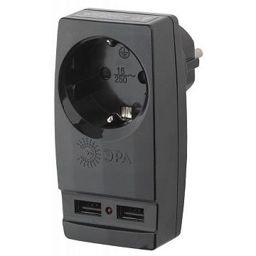 Тройник ЭРА SP-1e-USB-B Адаптер "Polynom" 1гн 220V + 2xUSB 2100mA, c/з, черный