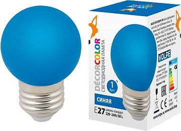 Лампа с/д Volpe LED-G45-1W/BLUE/E27/FR/С  шар синий 