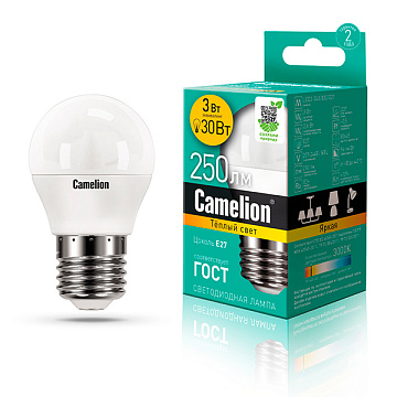 Лампа с/д CAMELION LED3-G45/830/E27 220V 3W