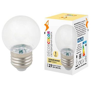 Лампа с/д Volpe LED-G45-1W/3000K/E27/CL/С шар прозрач