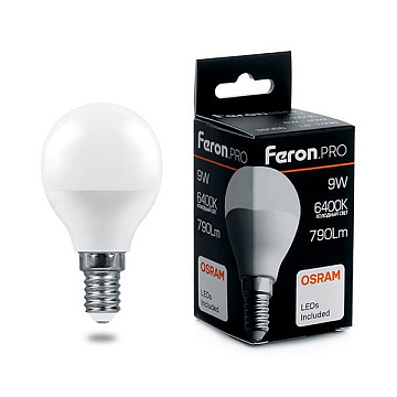 Лампа с/д FERON (9W) 230V E14 6400K, LB-1409 шар