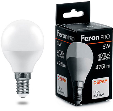 Лампа с/д FERON (6W) 230V E14 4000K, LB-1406 шар