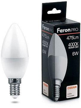 Лампа с/д FERON (6W) 230V E14 6400K, LB-1306 свеча