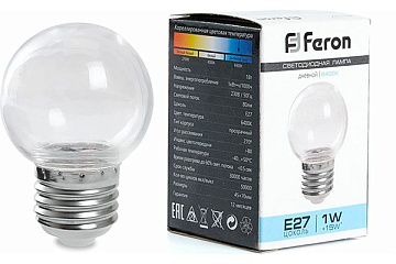 Лампа с/д FERON E27 LB-37 G45/1W 6400К 230V прозрачный шарик