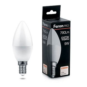 Лампа с/д FERON (9W) 230V E14 6400K, LB-1309 свеча