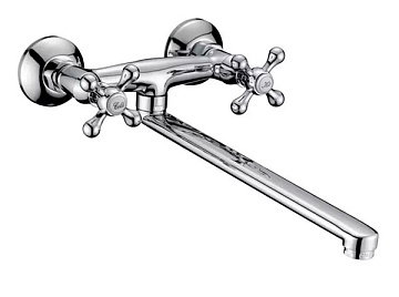Смеситель ЛАТУНЬ для кухни CALORIE настенный, двухвентильный, плоский излив (CAL8034A)