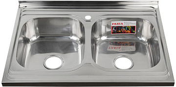 юМойка из нержавеющей стали накладная двойная FABIA 80*60 толщ0,8мм глубина180мм с сифоном (62279)