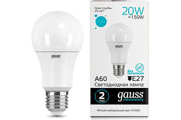 Лампа с/д Gauss Elementary A60 20W E27 4100K