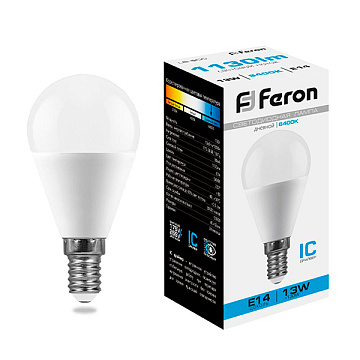 Лампа с/д FERON (13W) 230V E14 6400K G45, LB-950