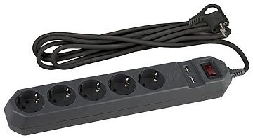 Сетевой фильтр ЭРА USF-5es-1,5m-USB-B (черный) с заземл, 3х0,75мм2, с выкл, 5гн+2xUSB, 1,5м