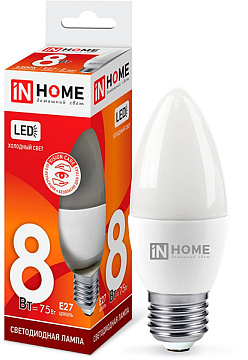 Лампа с/д IN HOME LED-СВЕЧА-VC 8Вт 230В E27 6500К 600Лм